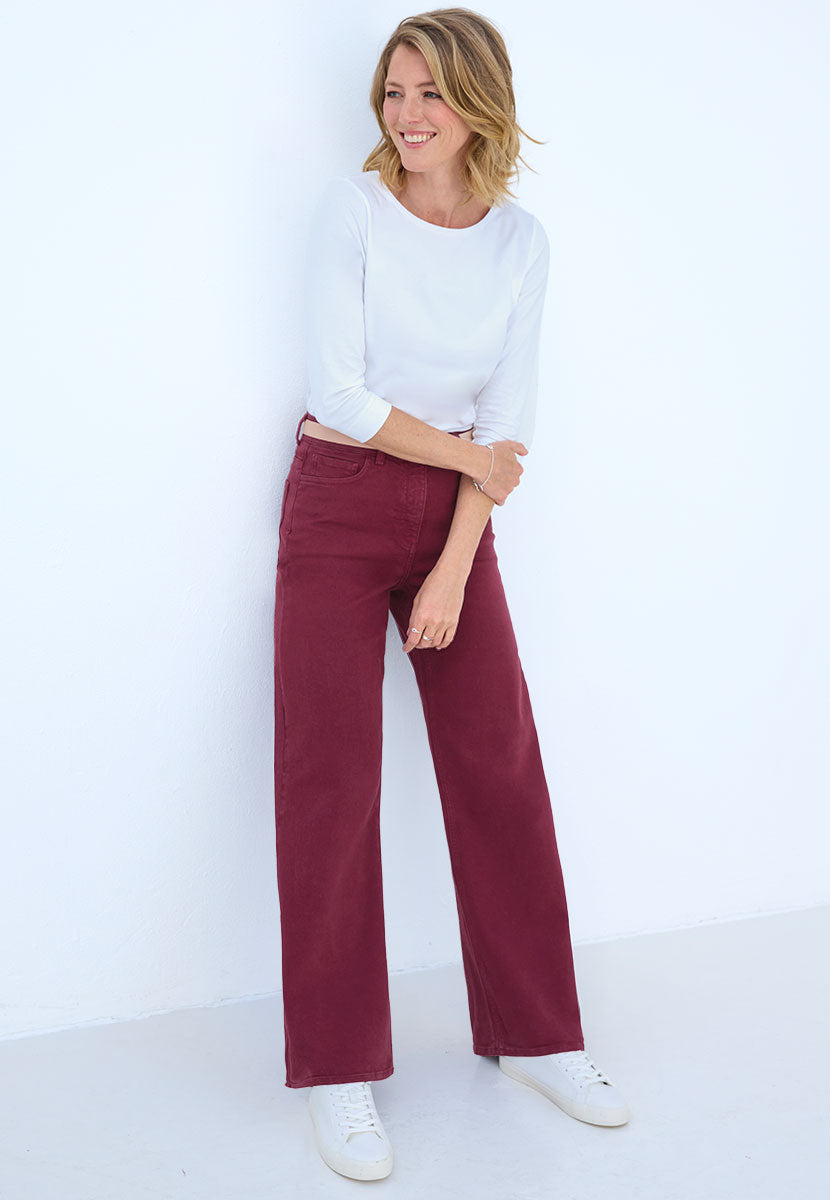Willow Wide Leg Jean 27 Inch Leg - Deep Berry On Trend Modern Everyday High Waist Jean With Bias Cut Waistband
