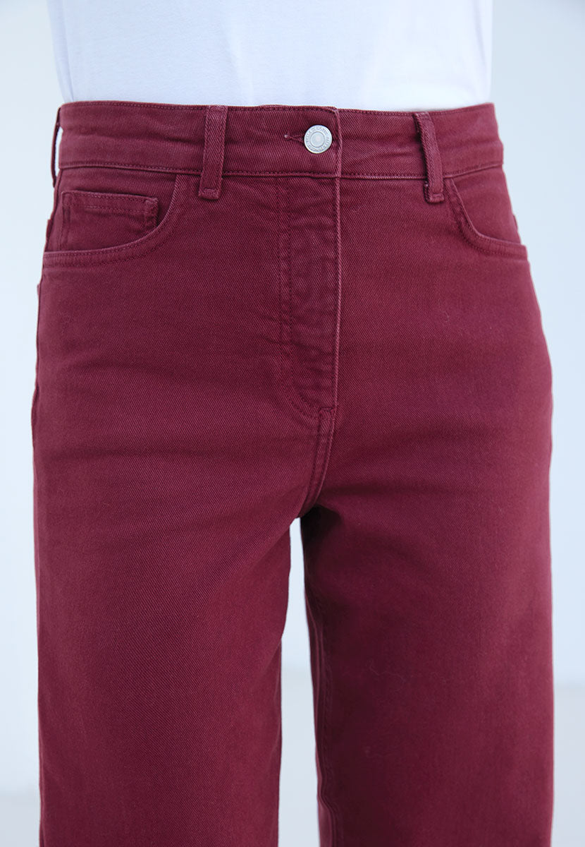 Willow Wide Leg Jean 27 Inch Leg - Deep Berry On Trend Modern Everyday High Waist Jean With Bias Cut Waistband Front Detail View