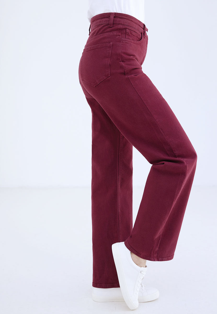 Willow Wide Leg Jean 27 Inch Leg - Deep Berry On Trend Modern Everyday High Waist Jean With Bias Cut Waistband Back View
