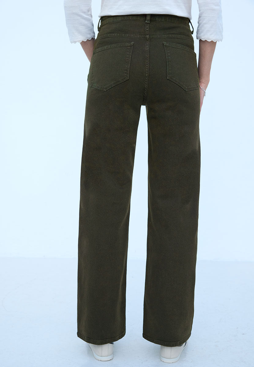 Willow Wide Leg Jean 27 Inch Leg - Dark Olive On Trend Modern Everyday High Waist Jean With Bias Cut Waistband Back View