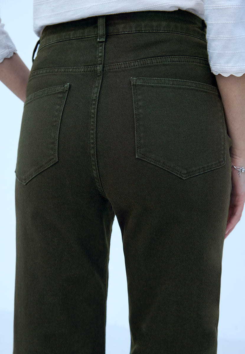 Willow Wide Leg Jean 27 Inch Leg - Dark Olive On Trend Modern Everyday High Waist Jean With Bias Cut Waistband Back Detail View