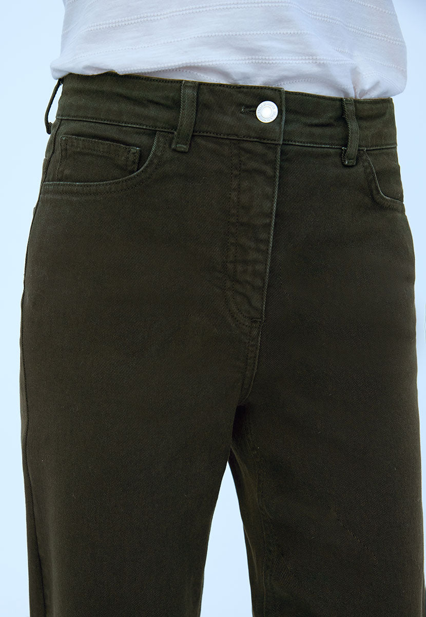 Willow Wide Leg Jean 27 Inch Leg - Dark Olive On Trend Modern Everyday High Waist Jean With Bias Cut Waistband Front Alt View