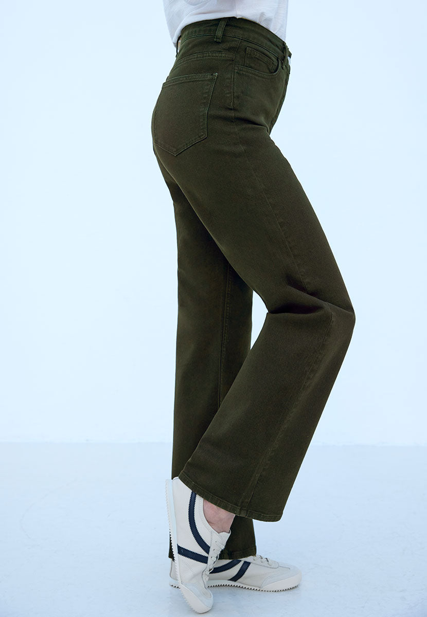 Willow Wide Leg Jean 27 Inch Leg - Dark Olive On Trend Modern Everyday High Waist Jean With Bias Cut Waistband Side View