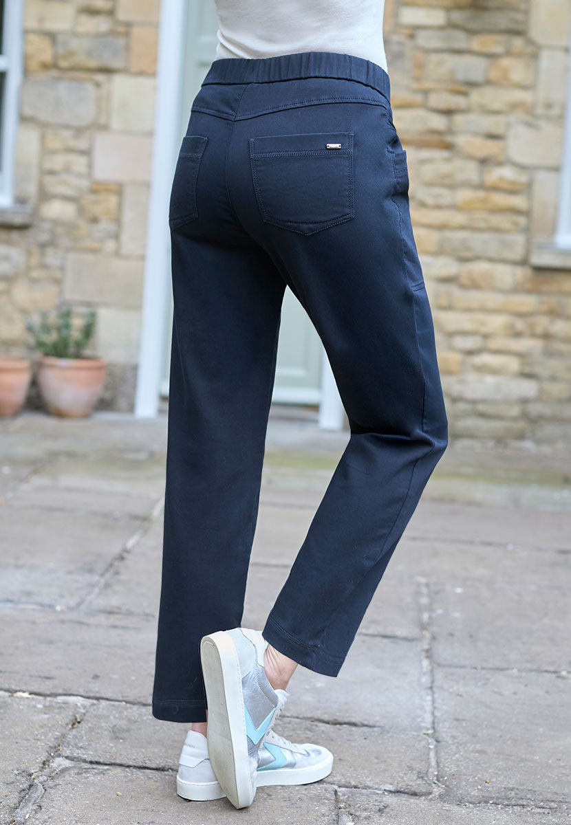 Toni Suki Tapered Trouser - Dark Navy Soft Peach-Finish Fabric and Stretch For Extra Comfort Pull on Style With Deep Pockets Back View