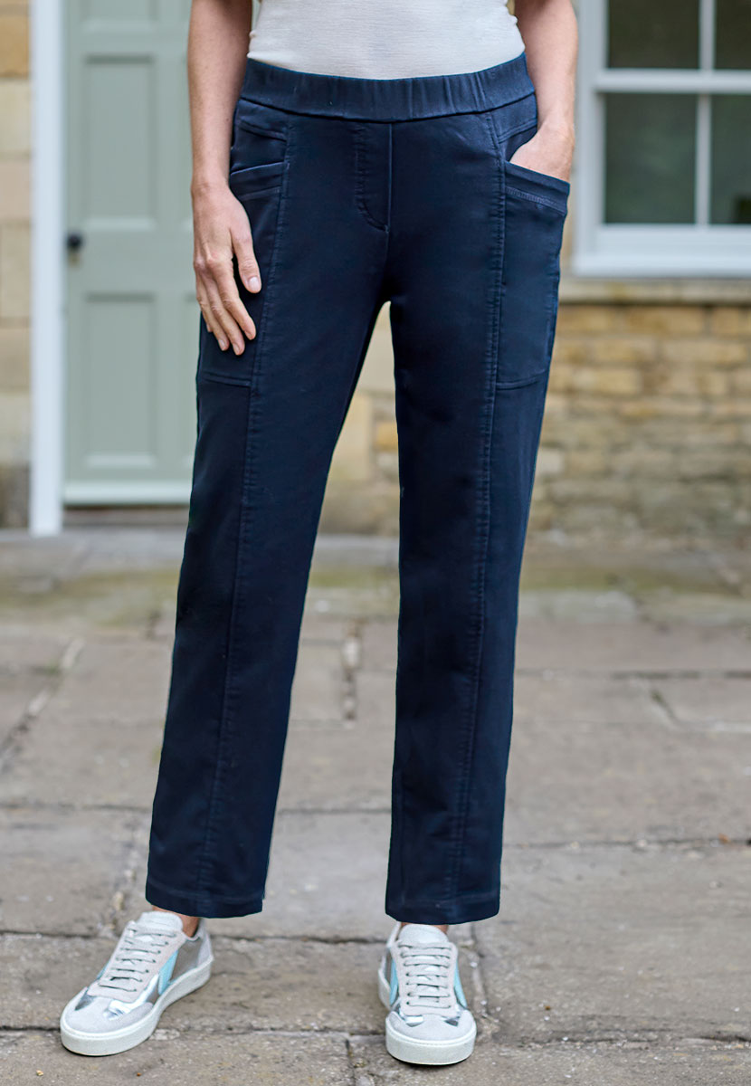 Toni Suki Tapered Trouser - Dark Navy Soft Peach-Finish Fabric and Stretch For Extra Comfort Pull on Style With Deep Pockets Front Alt View