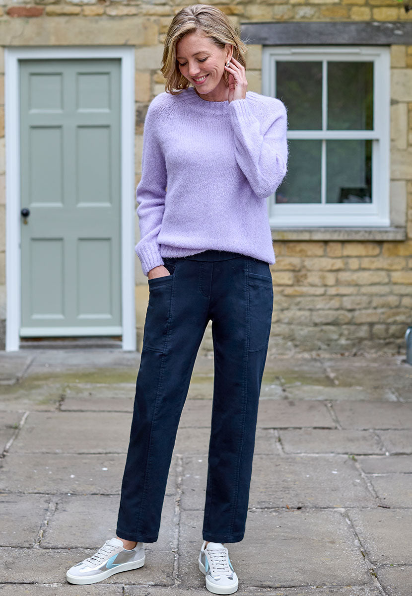 Toni Suki Tapered Trouser - Dark Navy Soft Peach-Finish Fabric and Stretch For Extra Comfort Pull on Style With Deep Pockets