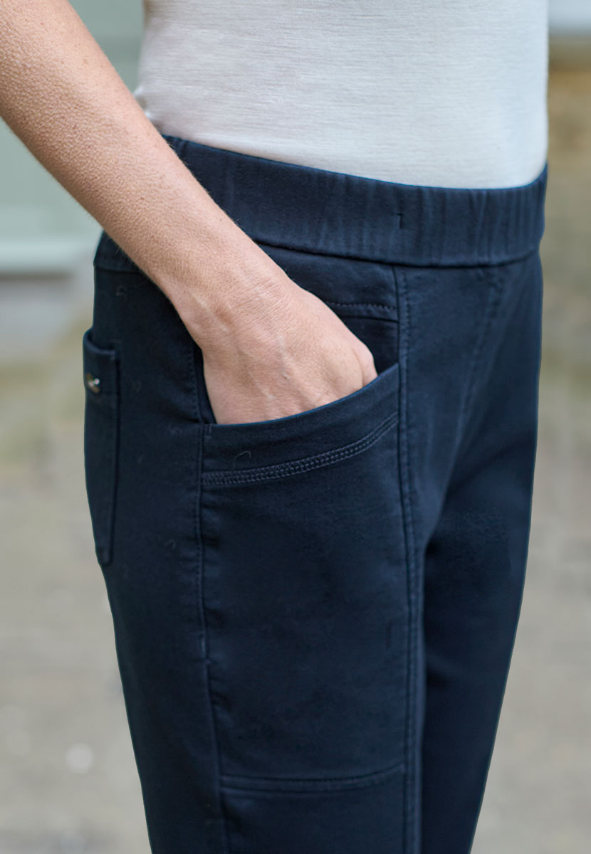 Toni Suki Tapered Trouser - Dark Navy Soft Peach-Finish Fabric and Stretch For Extra Comfort Pull on Style With Deep Pockets Front Detail View