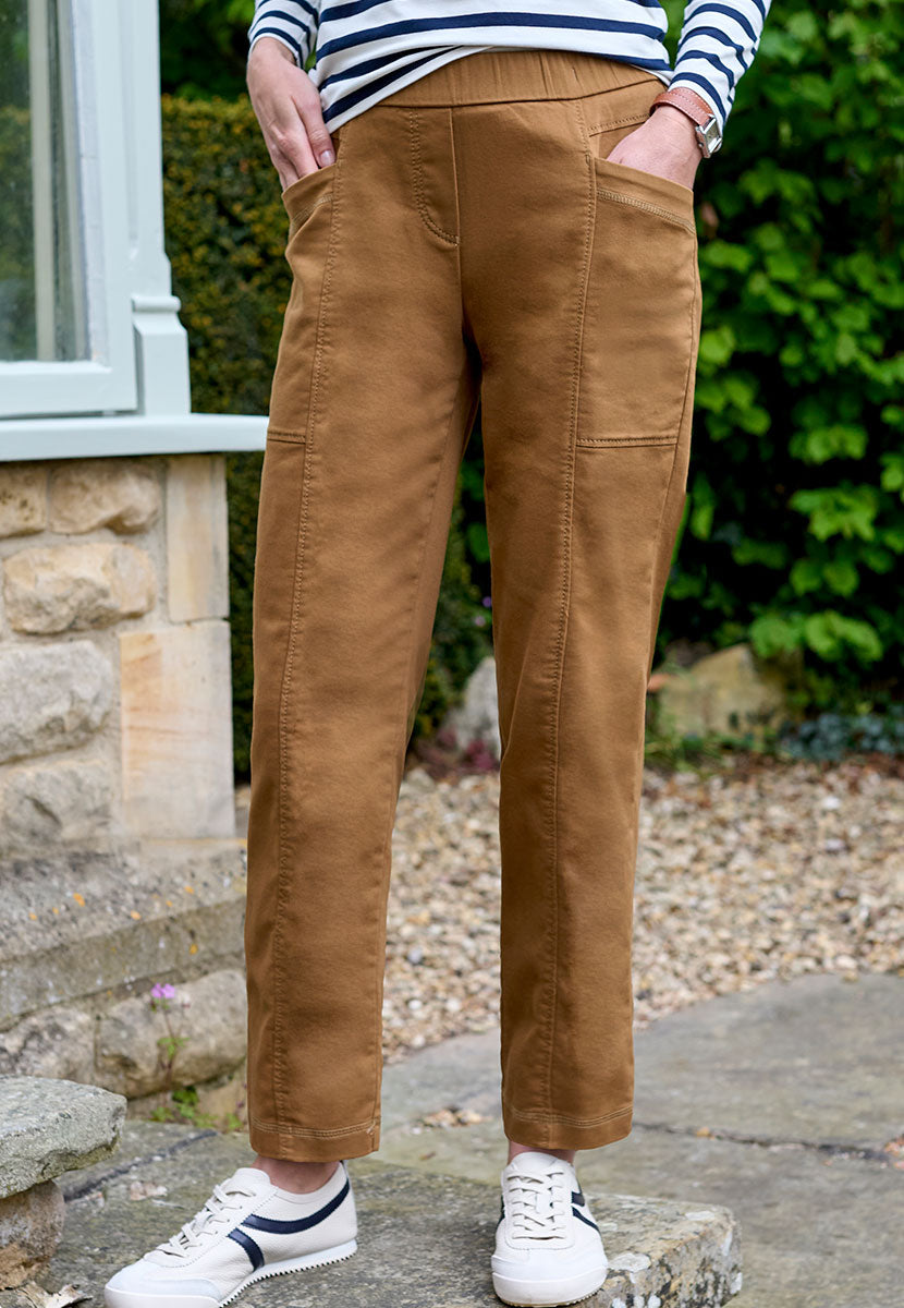 Toni Suki Tapered Trouser - Rich Caramel Soft Peach-Finish Fabric and Stretch For Extra Comfort Pull on Style With Deep Pockets Front Alt View