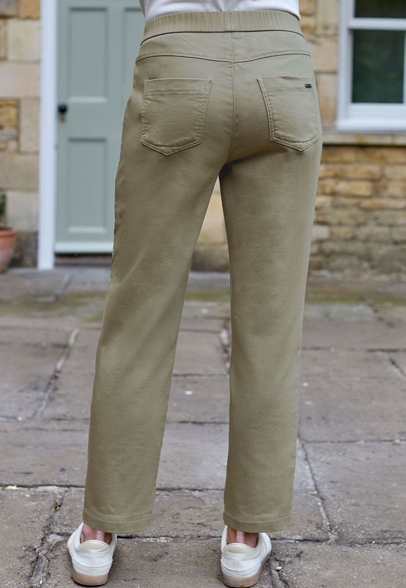 Toni Suki Tapered Trouser - Soft Olive Soft Peach-Finish Fabric and Stretch For Extra Comfort Pull on Style With Deep Pockets Back View