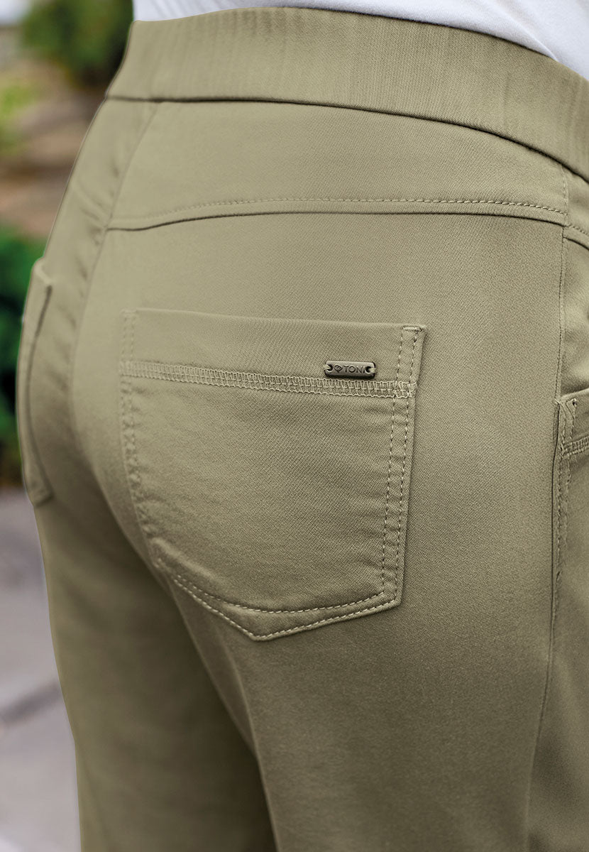 Toni Suki Tapered Trouser - Soft Olive Soft Peach-Finish Fabric and Stretch For Extra Comfort Pull on Style With Deep Pockets Detail View