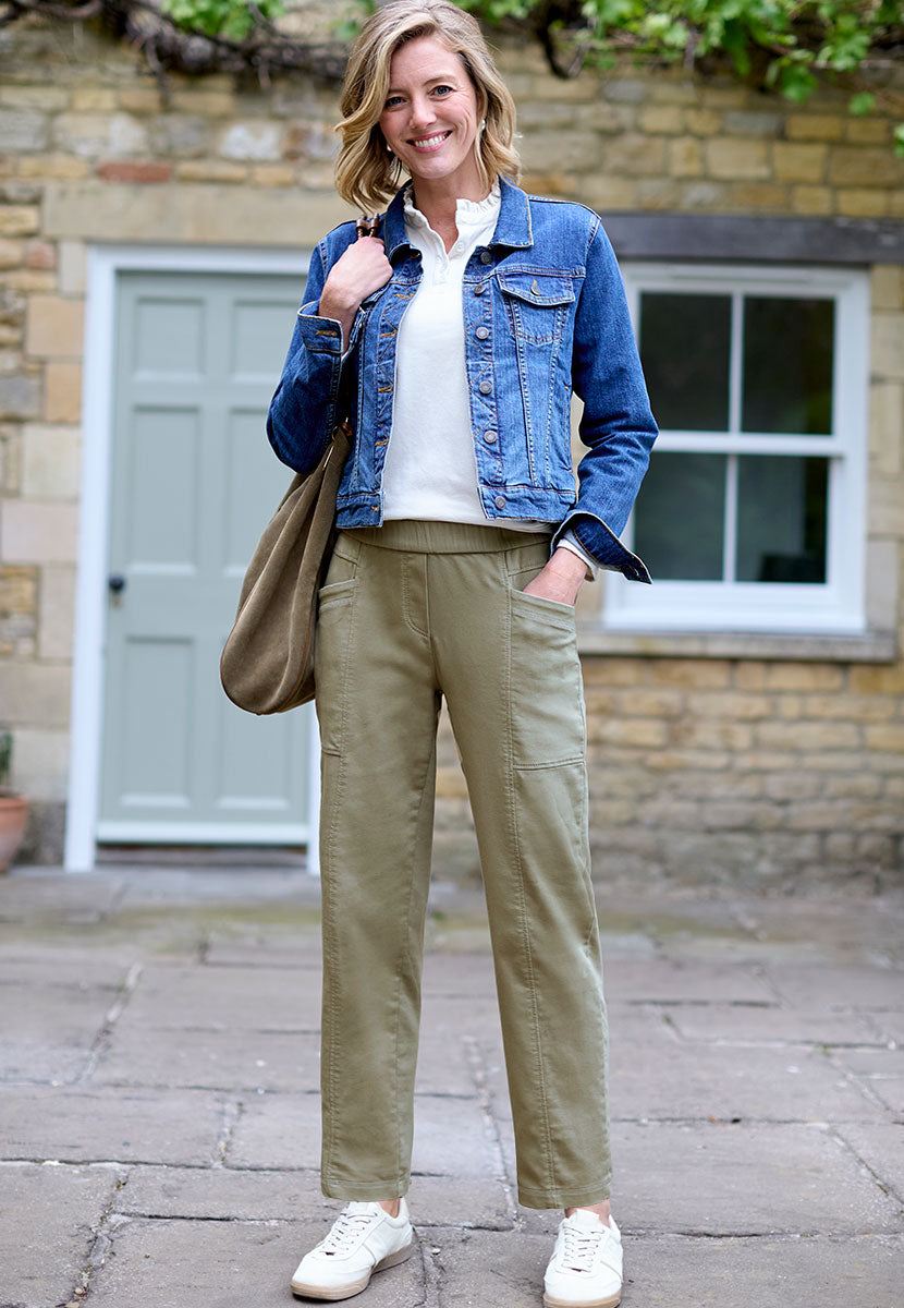 Toni Suki Tapered Trouser - Soft Olive Soft Peach-Finish Fabric and Stretch For Extra Comfort Pull on Style With Deep Pockets