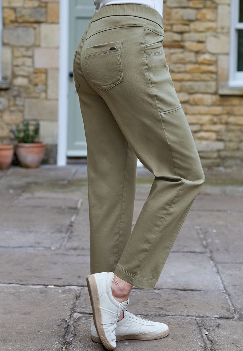 Toni Suki Tapered Trouser - Soft Olive Soft Peach-Finish Fabric and Stretch For Extra Comfort Pull on Style With Deep Pockets Side View
