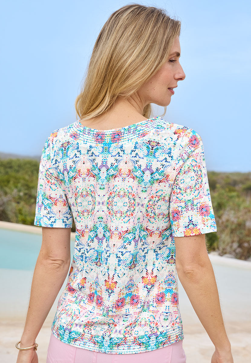 Wren Short Sleeve Cotton Top - Vienna Print Multicoloured Casual Crew Neck Style in Slub Cotton with Stitch detail Back View