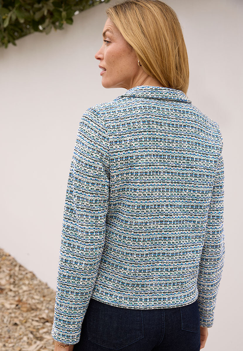 Zara Long Sleeve Tweed Jacket - Blue Relaxed Take on Tailored Jacket with Textured Fabric and Single Button Fasten Back View