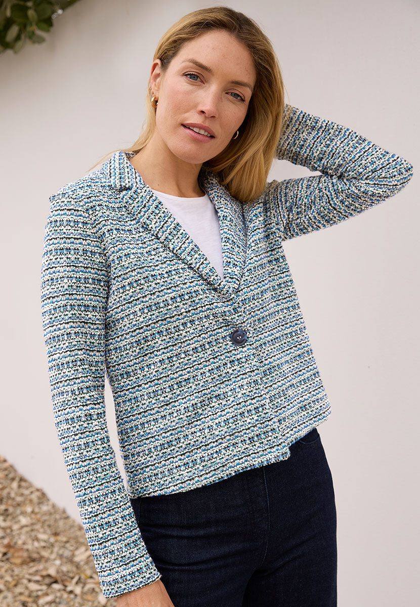 Zara Long Sleeve Tweed Jacket - Blue Relaxed Take on Tailored Jacket with Textured Fabric and Single Button Fasten Front Alt View