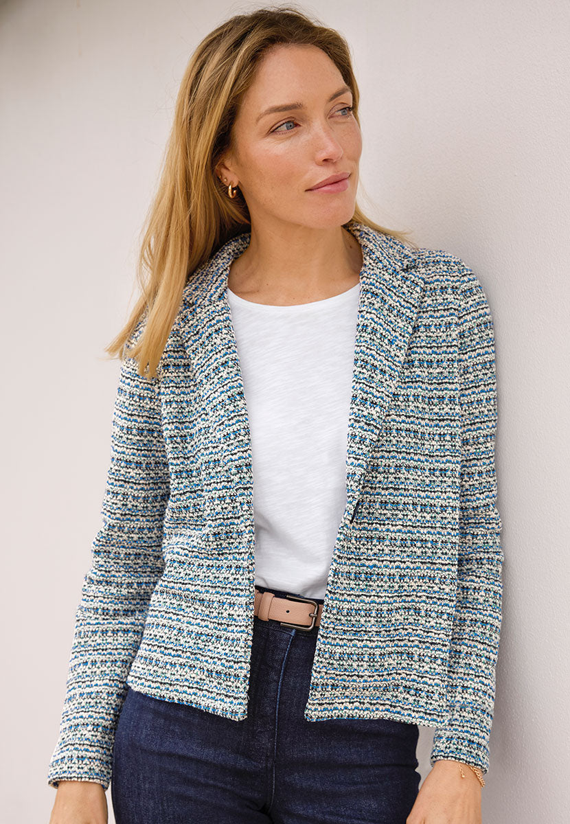 Zara Long Sleeve Tweed Jacket - Blue Relaxed Take on Tailored Jacket with Textured Fabric and Single Button Fasten