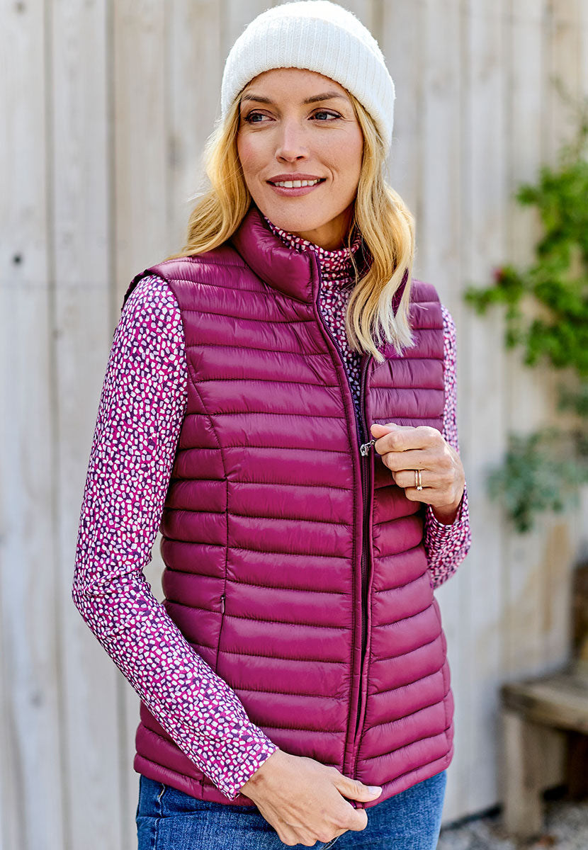 Zoe Padded Gilet - Berry Lightly Padded For Warmth with a Casual Style Stand Collar Full Zip and Side Pockets Front Alt View