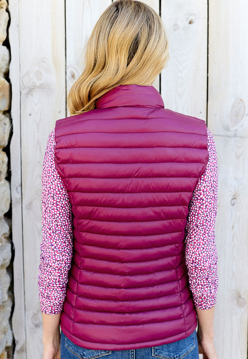 Zoe Padded Gilet - Berry Lightly Padded For Warmth with a Casual Style Stand Collar Full Zip and Side Pockets Back View