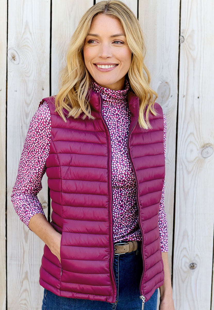 Zoe Padded Gilet - Berry Lightly Padded For Warmth with a Casual Style Stand Collar Full Zip and Side Pockets