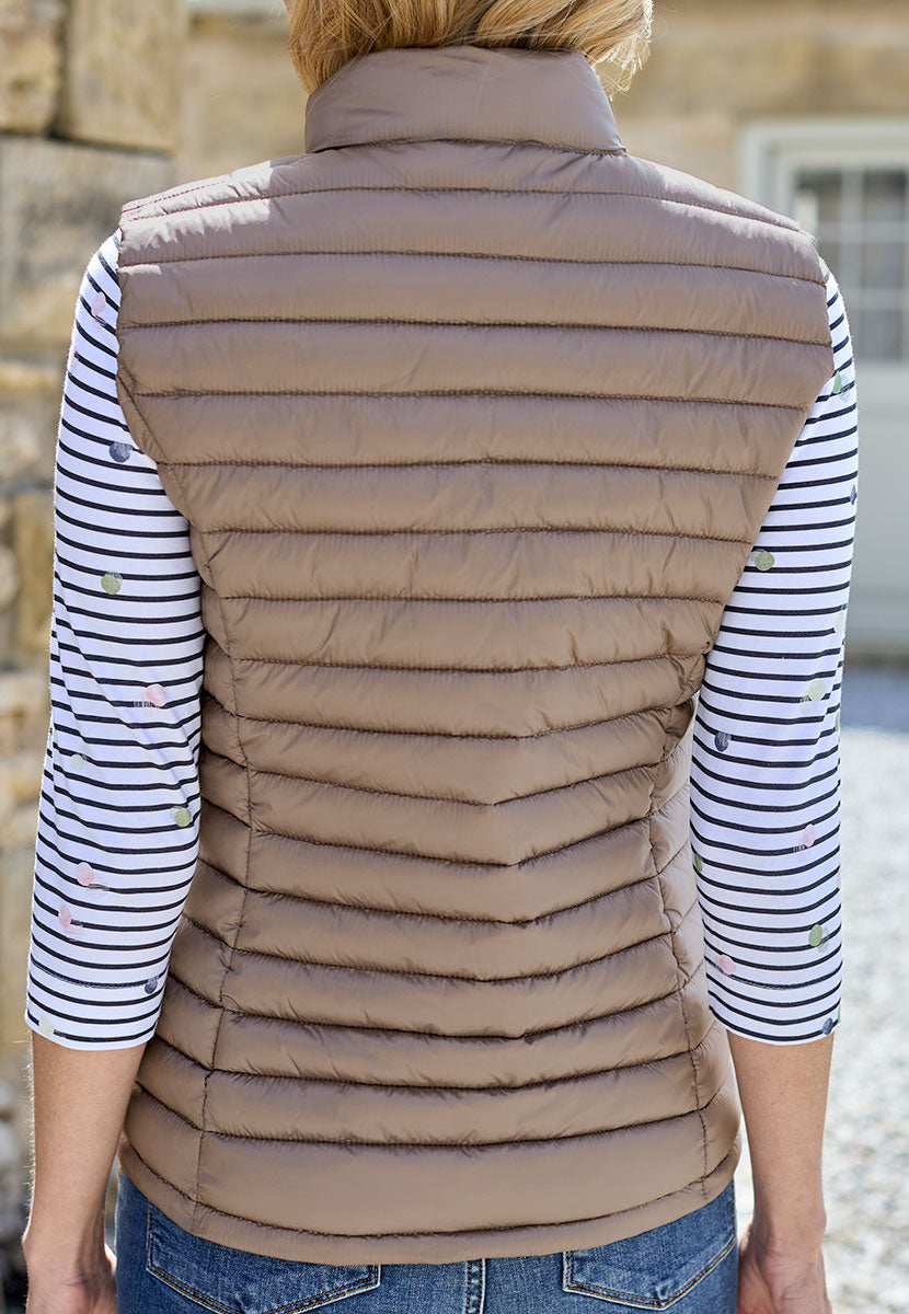 Zoe Padded Gilet - Taupe Lightly Padded For Warmth with a Casual Style Stand Collar Full Zip and Side Pockets Back View