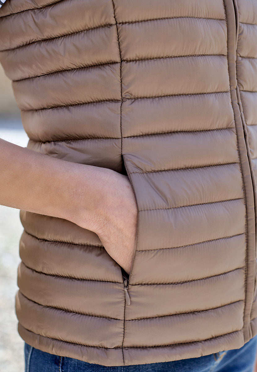 Zoe Padded Gilet - Taupe Lightly Padded For Warmth with a Casual Style Stand Collar Full Zip and Side Pockets Detail Alt View