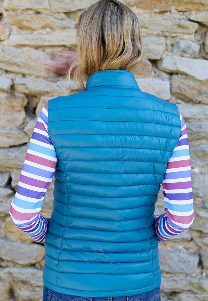 Zoe Padded Gilet - Teal Lightly Padded For Warmth with a Casual Style Stand Collar Full Zip and Side Pockets Back View