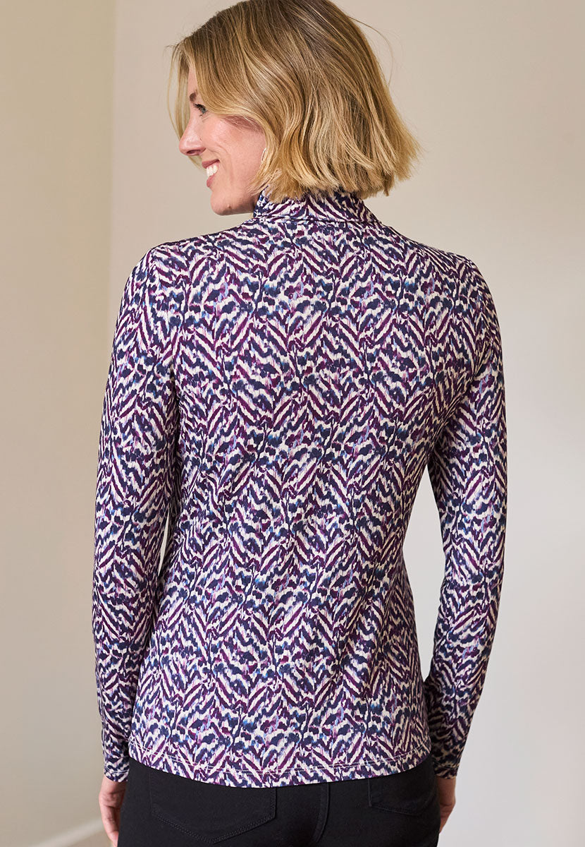 Amelia Silky Roll Neck Jersey Top - Purple Zebra Print Back View