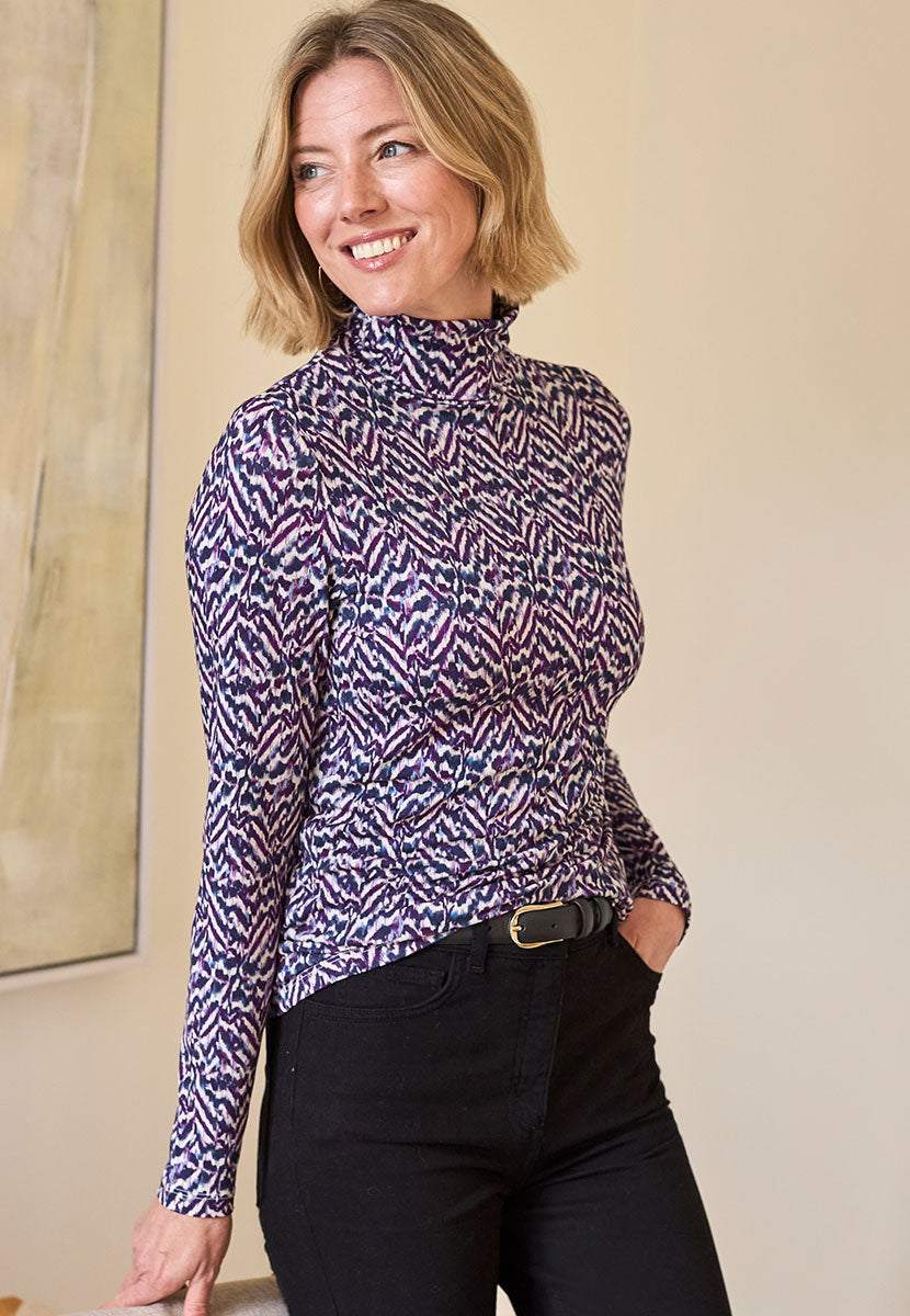 Amelia Silky Roll Neck Jersey Top - Purple Zebra Print Front View