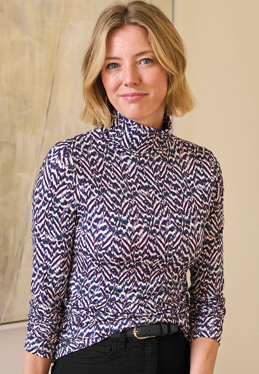 Amelia Silky Roll Neck Jersey Top - Purple Zebra Print Front View