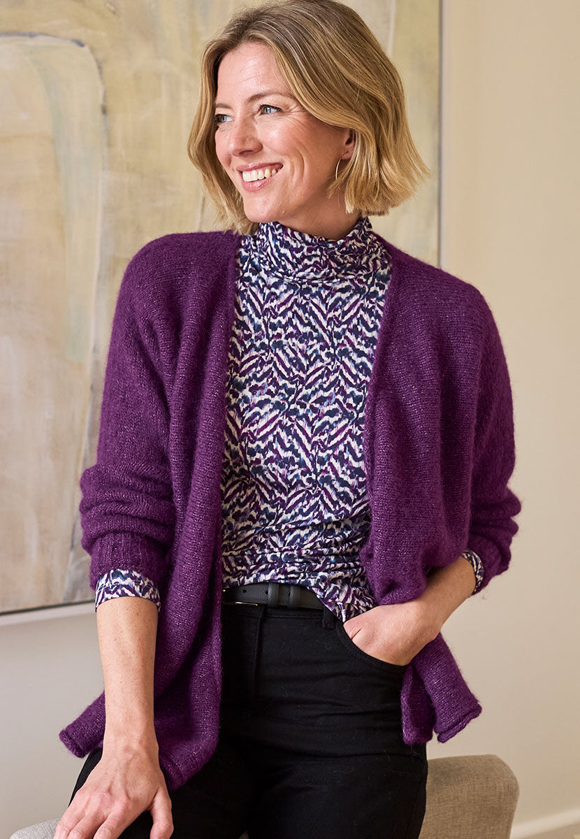 Amelia Silky Roll Neck Jersey Top - Purple Zebra Print Front Cardigan View