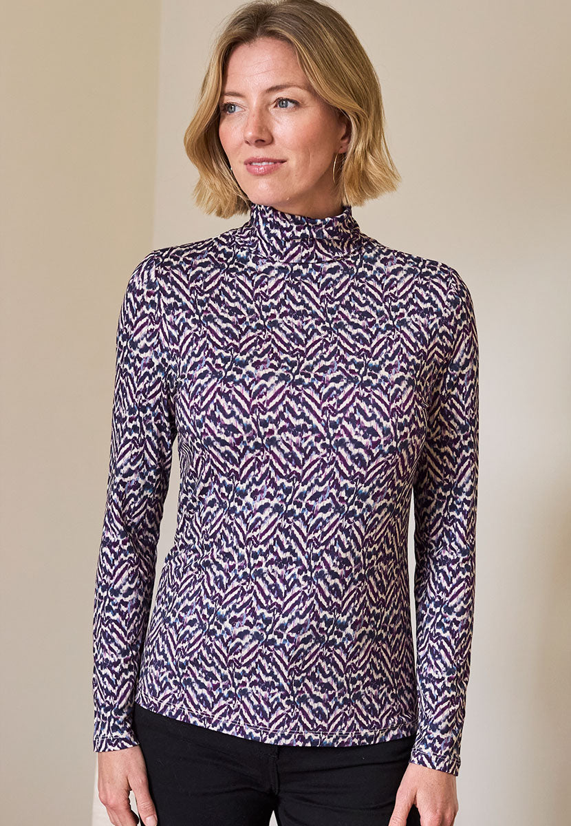 Amelia Silky Roll Neck Jersey Top - Purple Zebra Print Front Alt View