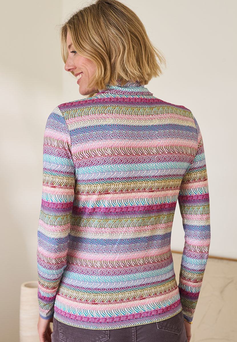 Amelia Silky Roll Neck Jersey Top - Wave Stripe Multi Back View