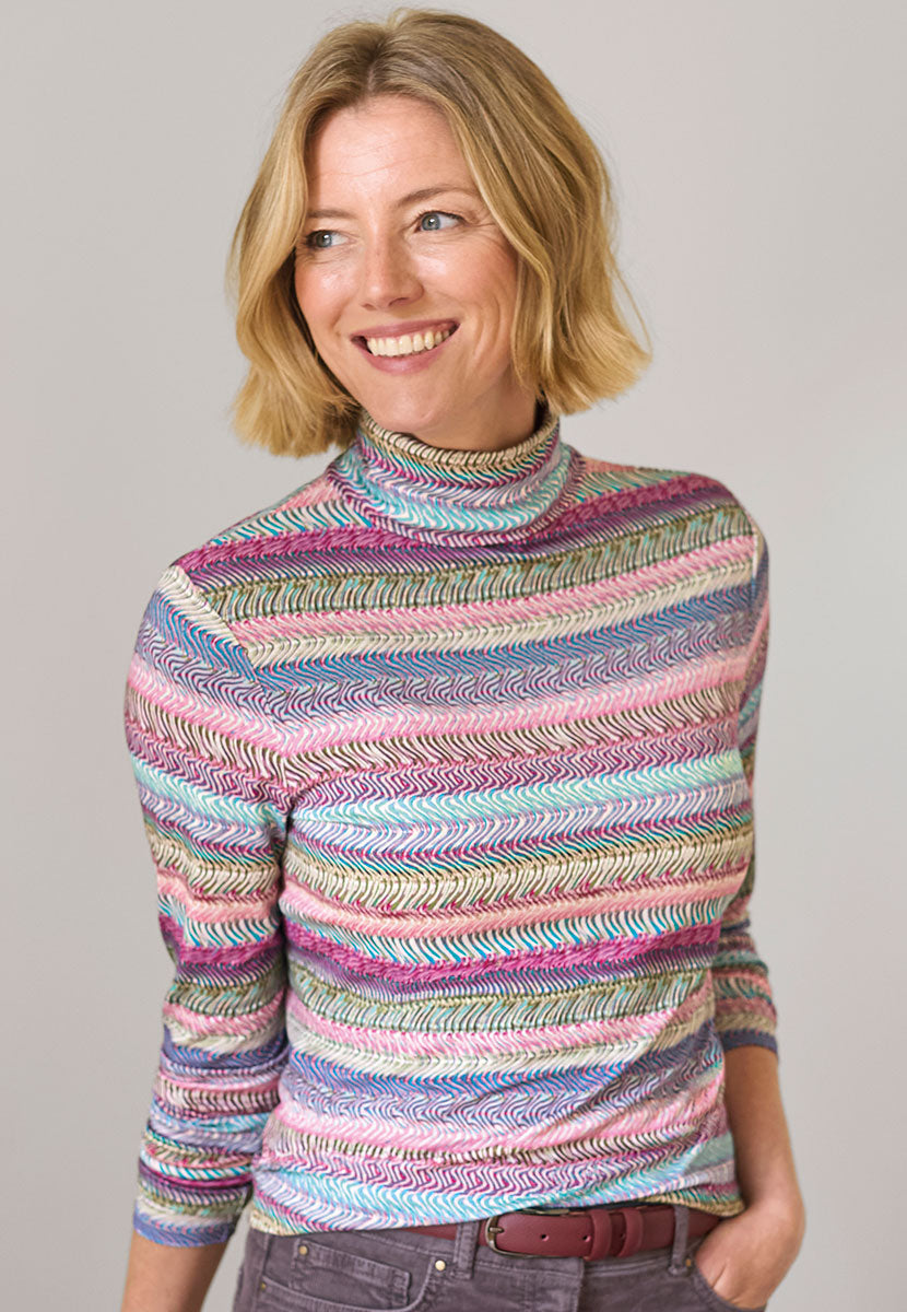 Amelia Silky Roll Neck Jersey Top - Wave Stripe Multi Front View