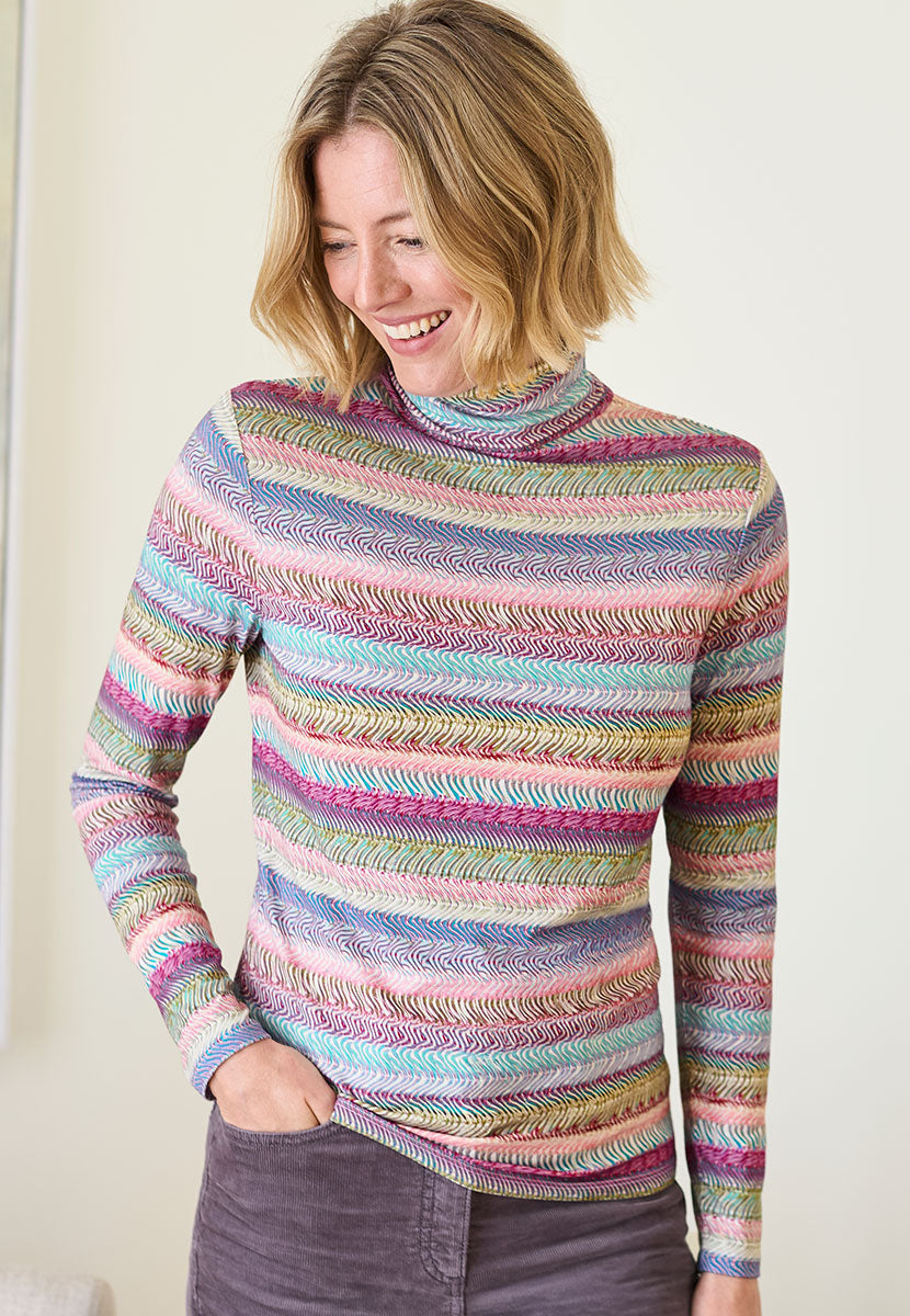 Amelia Silky Roll Neck Jersey Top - Wave Stripe Multi Front Alt View