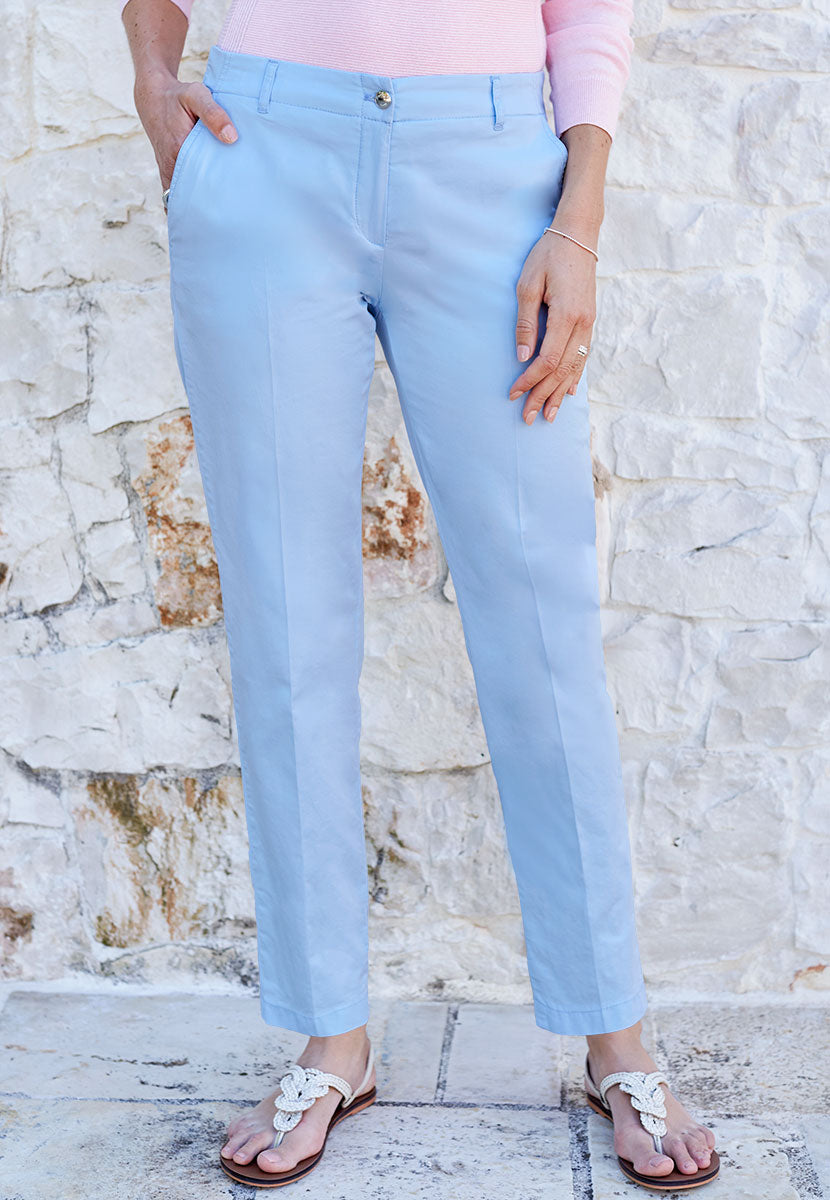 BRAX Modern Tapered Leg Ankle Grazer Cotton Chino - Pale Blue Zip Fly & Button in 27 Inch Leg Stretch Fabric with Belt Loops Front Alt