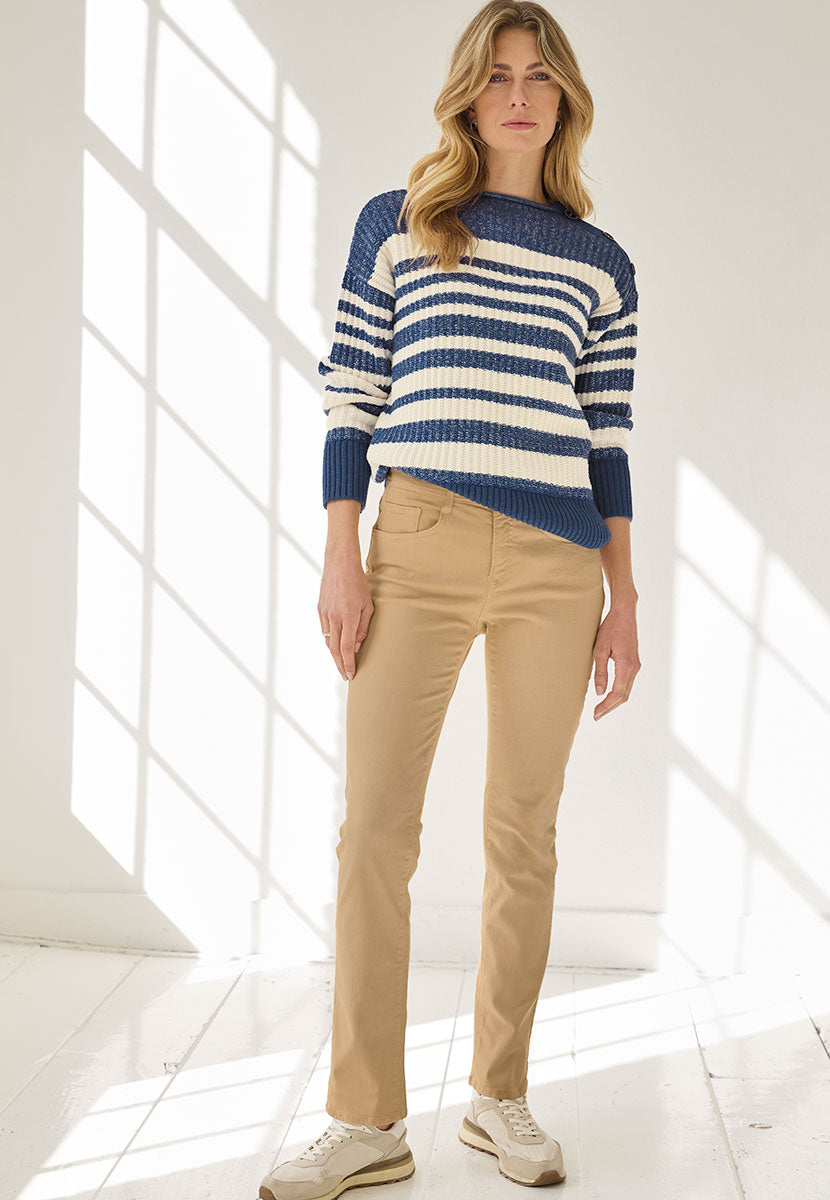BRAX Mary Slim Leg Premium Denim Cotton Trousers  - Almond Beige Natural Five Pocket Style Zip and Fly Power Stretch Fabric