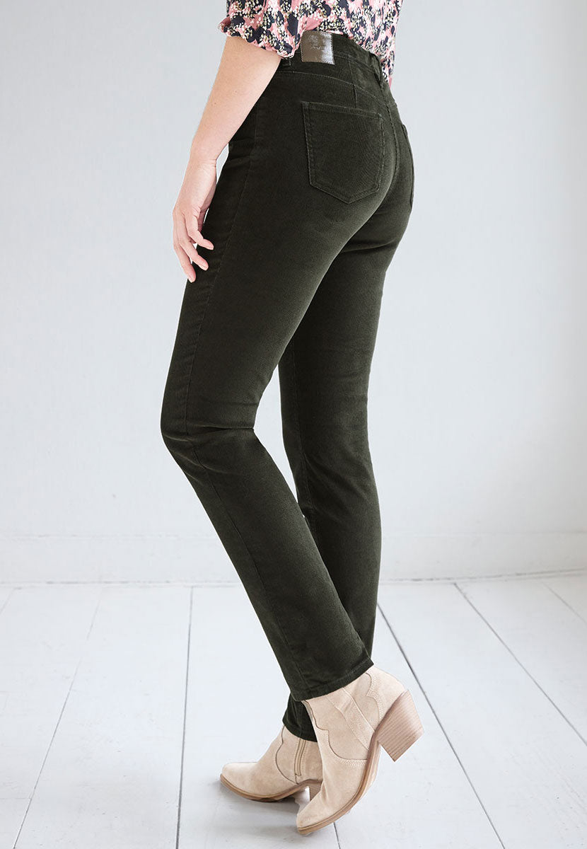 BRAX Premium Cord Mary Fit Trouser 30 Inch Leg - Khaki Stretchy Needlecord For Great Shape Retention Flattering Modern Five Pocket Zip and Fly Side View