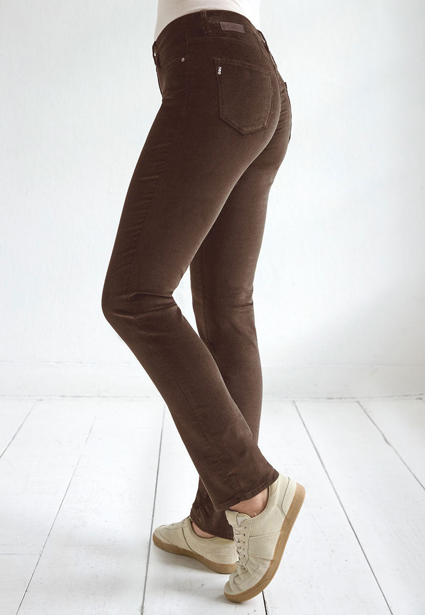 BRAX Premium Cord Carola Fit Trouser 30 Inch Leg - Praline Soft Stretchy Needlecord Flattering Modern Five Pocket Style Zip and Fly Side View