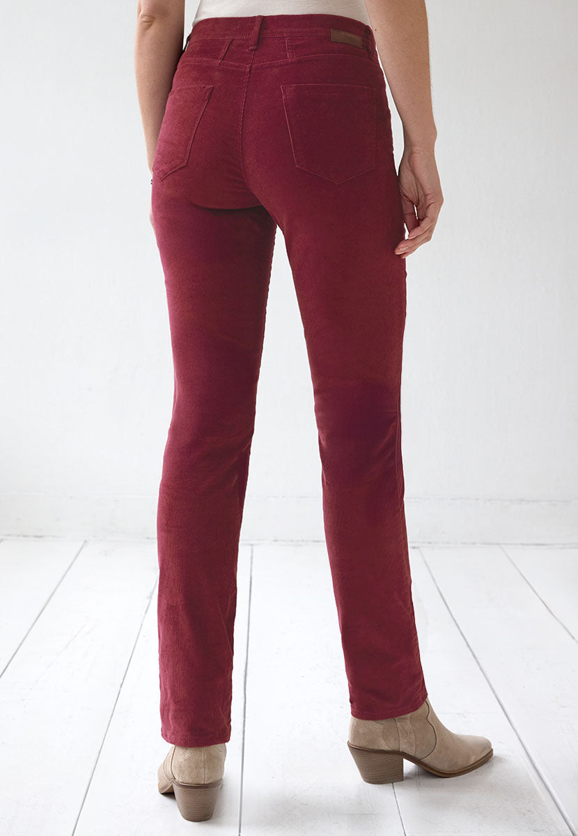 BRAX Premium Cord Mary Fit Trouser 30 Inch Leg - Soft Merlot Stretchy Needlecord For Great Shape Retention Flattering Modern Five Pocket Zip and Fly Back View