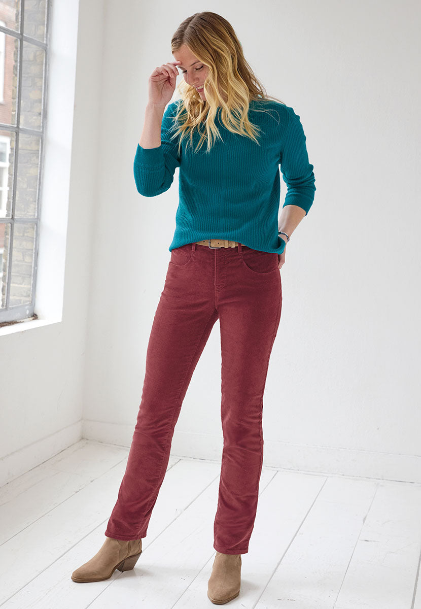 BRAX Premium Cord Mary Fit Trouser 30 Inch Leg - Soft Merlot Stretchy Needlecord For Great Shape Retention Flattering Modern Five Pocket Zip and Fly