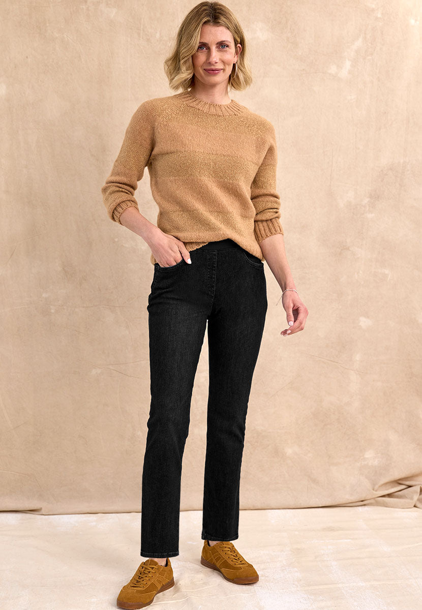 BRAX Pamina Straight Leg Pull on Elasticated Waist Trouser - Black Denim