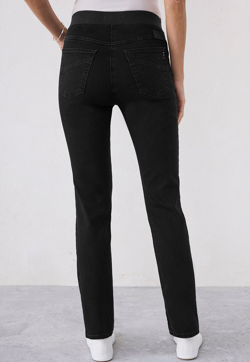 BRAX Pamina Straight Leg Pull on Elasticated Waist Trouser - Black Denim