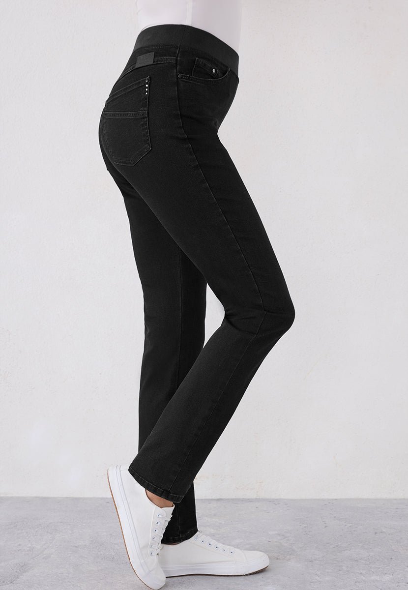 BRAX Pamina Straight Leg Pull on Elasticated Waist Trouser - Black Denim