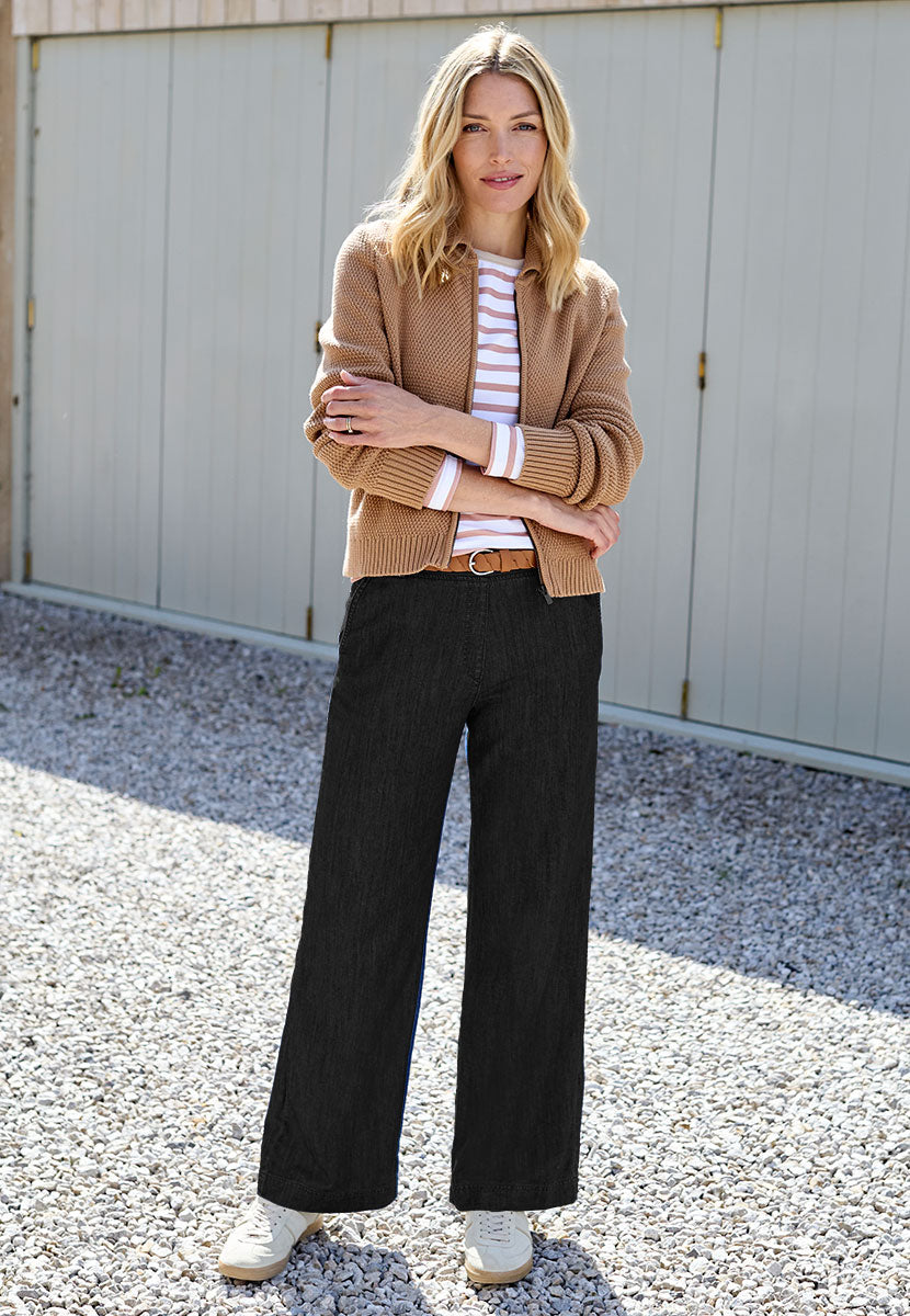 BRAX Pamina Wide Leg Trouser 29 Inch Leg - Black Denim Best Selling Pamina Fit Smooth Drapey Fabric Pull On Waist with Hidden Stretch Faux Fly Belt Loops Front and Back Pockets