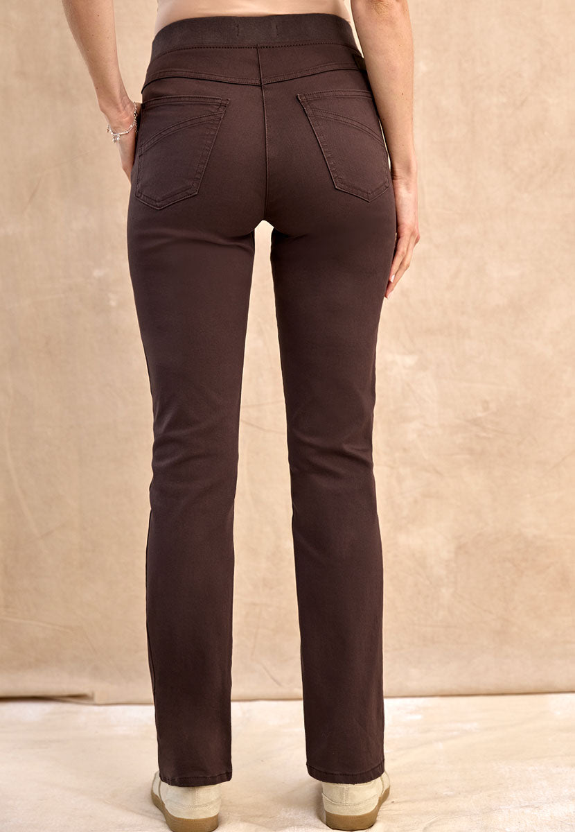 BRAX Pamina Straight Leg Pull on Elasticated Waist Trouser - Dark Chocolate