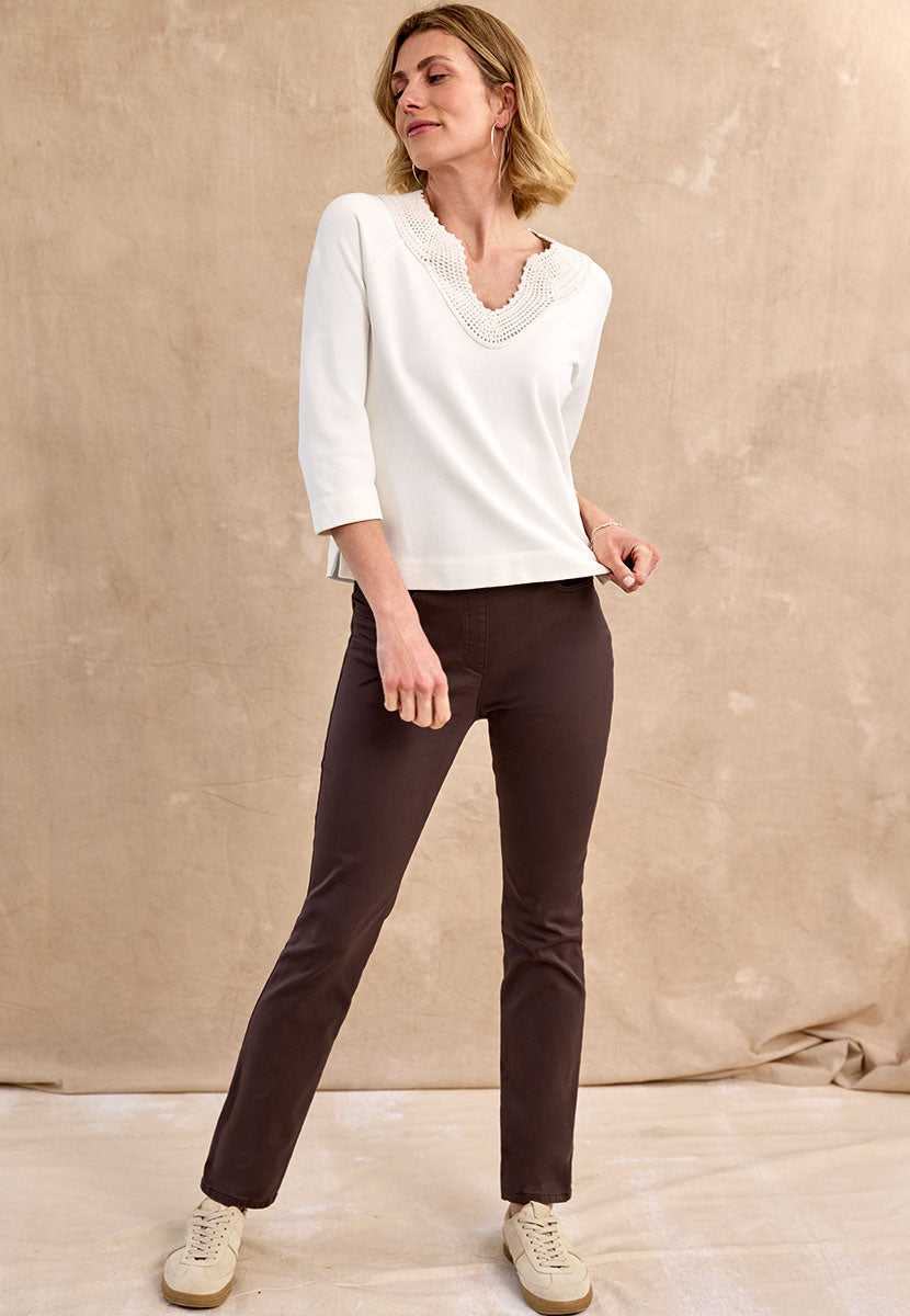 BRAX Pamina Straight Leg Pull on Elasticated Waist Trouser - Dark Chocolate