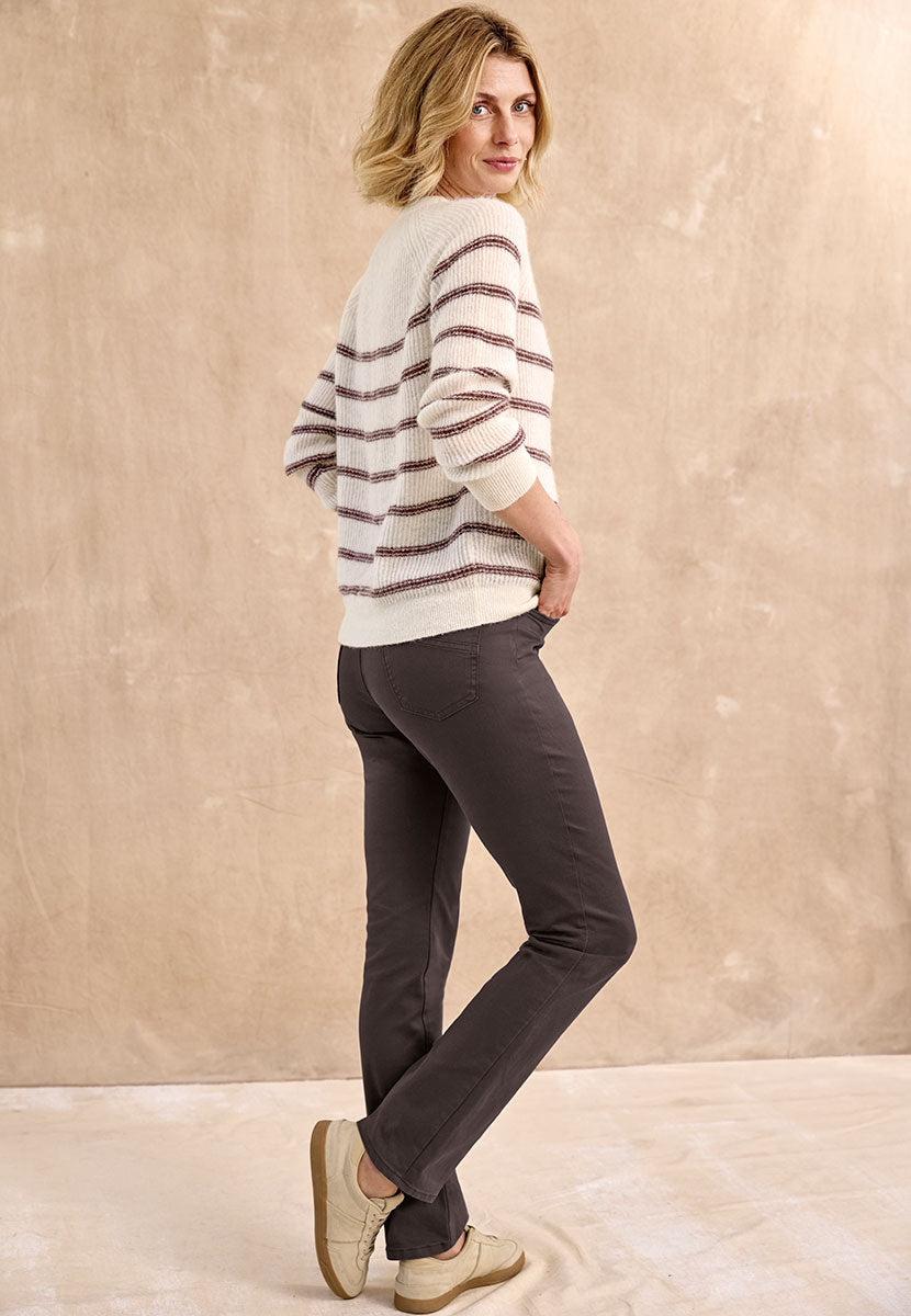 BRAX Pamina Straight Leg Pull on Elasticated Waist Trouser - Dark Chocolate Front View