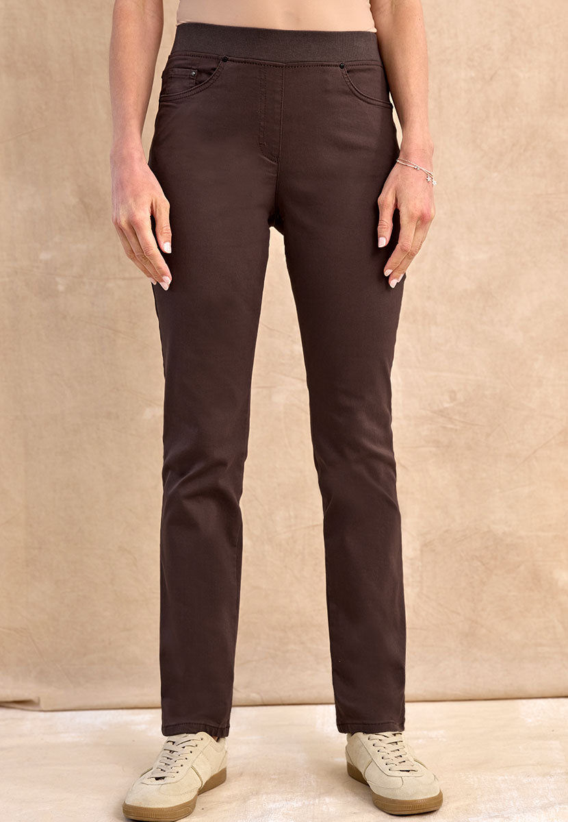 BRAX Pamina Straight Leg Pull on Elasticated Waist Trouser - Dark Chocolate