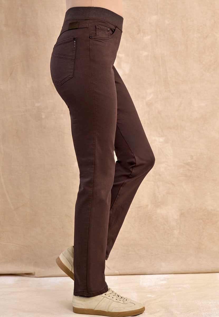 BRAX Pamina Straight Leg Pull on Elasticated Waist Trouser - Dark Chocolate