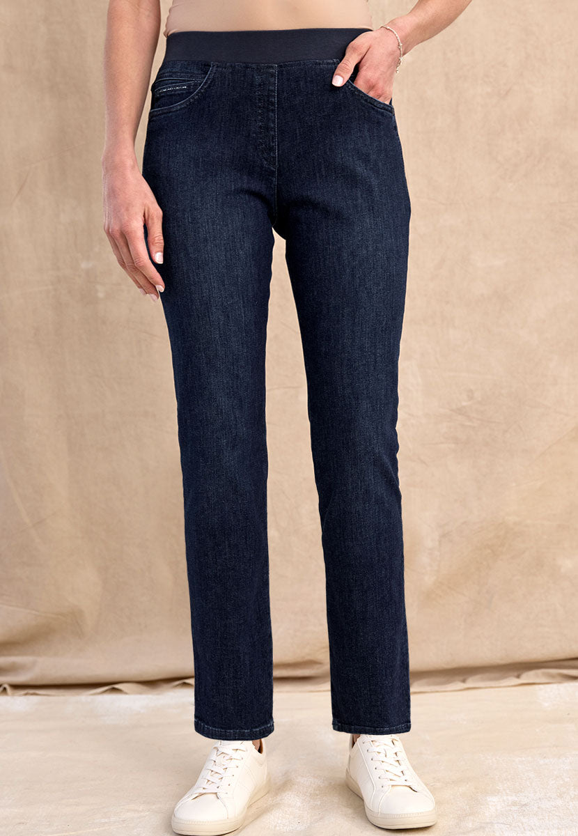 BRAX Pamina Straight Leg Pull on Elasticated Waist Trouser - Dark Denim Front Alt View